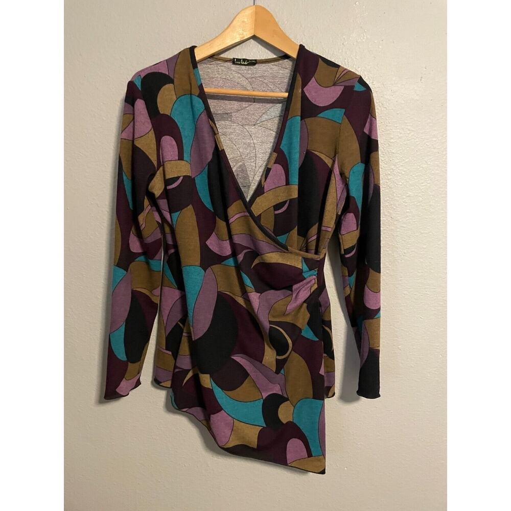 Loco Lindo Womens Tunic L/XL Purple Geometric Faux Wrap Stretch Asymmetric Artsy